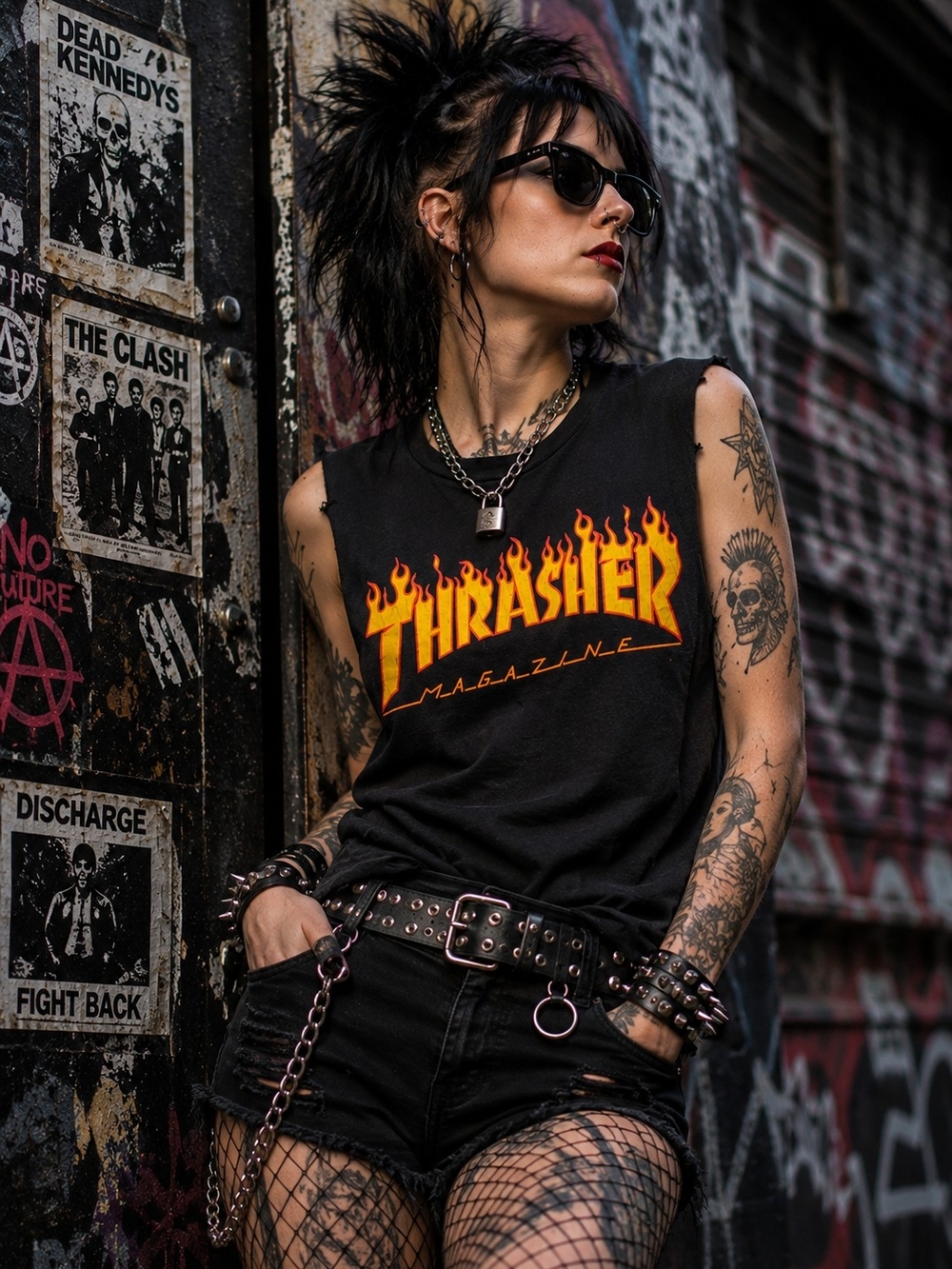 Thrasher Black Muscle Tee with Orange and Yellow Flame Logo